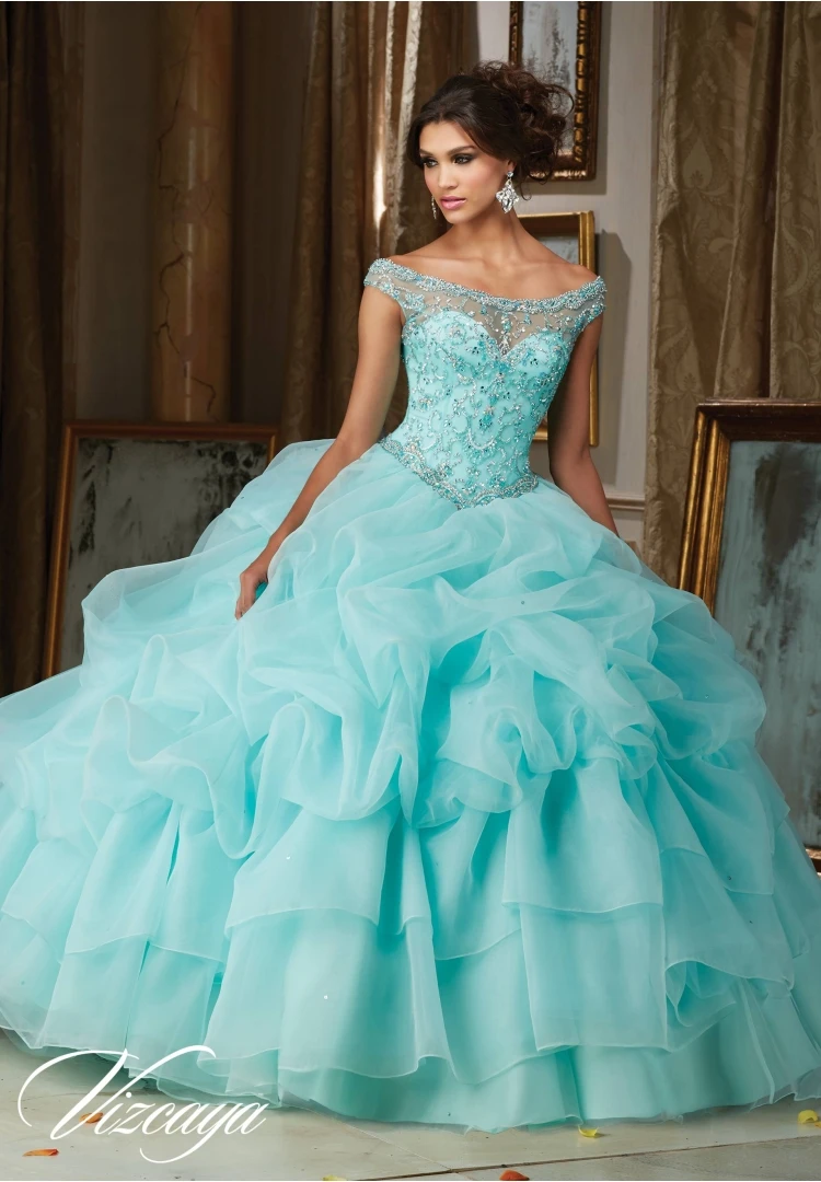 Mint Green Draped Quinceanera Dresses Beaded Illusion Neck Organza
