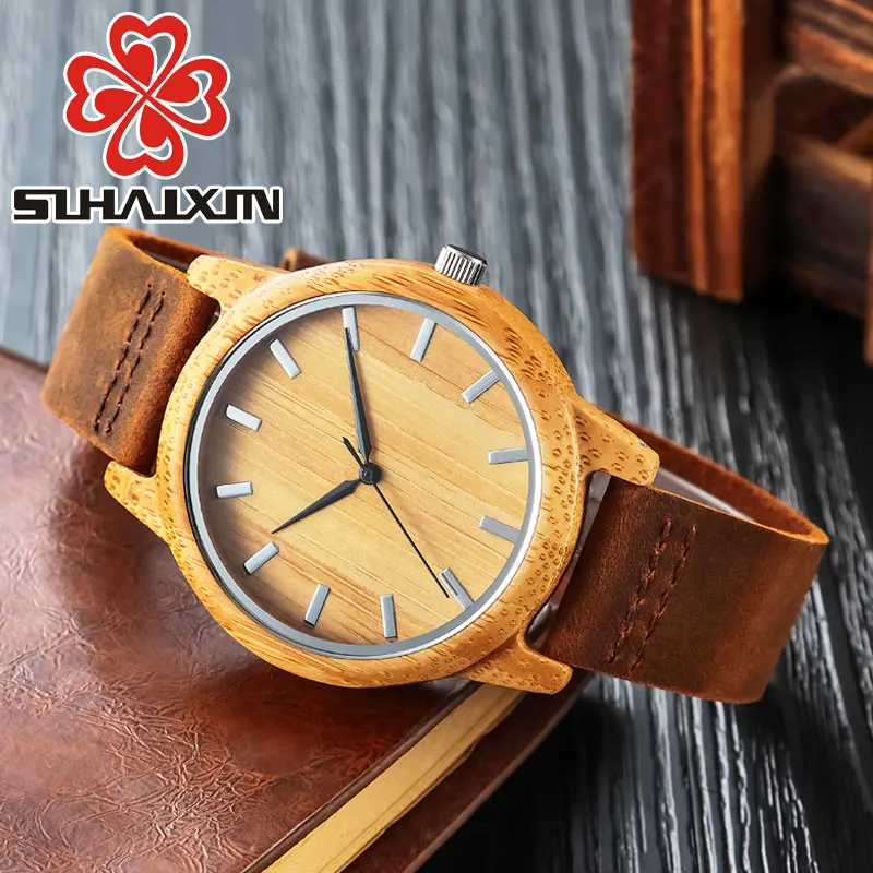 

SIHAIXIN Clock Man Bamboo Watch Genuine Leather Band With Engraved Personalized Text Wood Wrist Watches As Male Gift