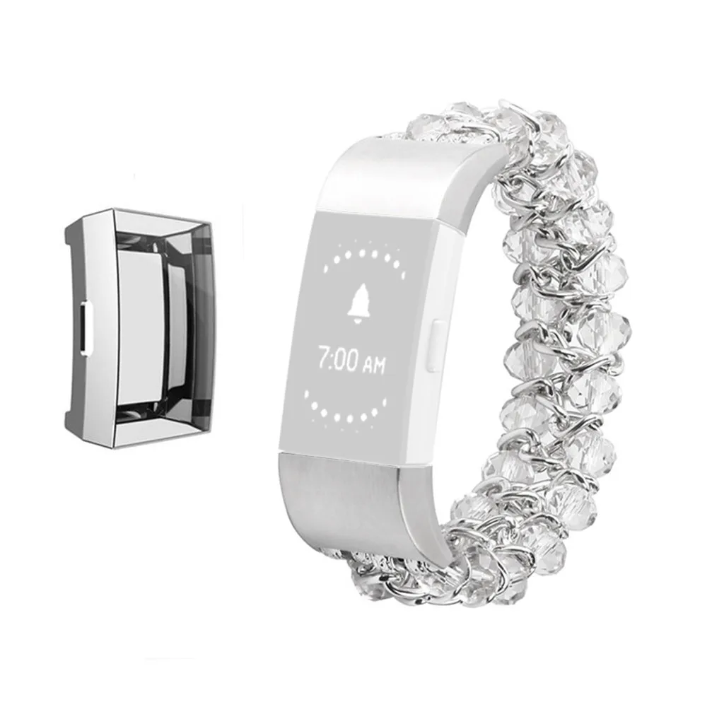 Silver Металлический ремешок для часов наручные часы с ремешком для Fitbit Charge 3 покрытие из ТПУ протектор экрана бампера+ ремешок для часов браслет из бисера#20 - Цвет: Silver
