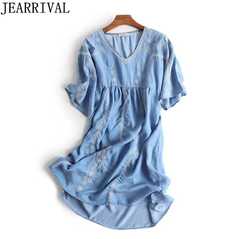 

Denim Dress 2019 New Summer Fashion Women Vintage Flower Embroidery V-Neck Casual Boho Dress Loose Jeans Dresses Vestidos
