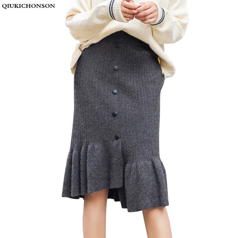 

Autumn Winter Ribbed Knitted Skirt Women Vintage Single Breasted High Waisted Mermaid Skirts Fitness Asymmetrical Wrap Skirts
