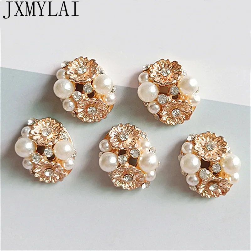 

10 PCS 17*20mm Fashion Metal Alloy KC Gold Crystal Imitation Pearl Flowers Connectors Charm For Hair Accessories