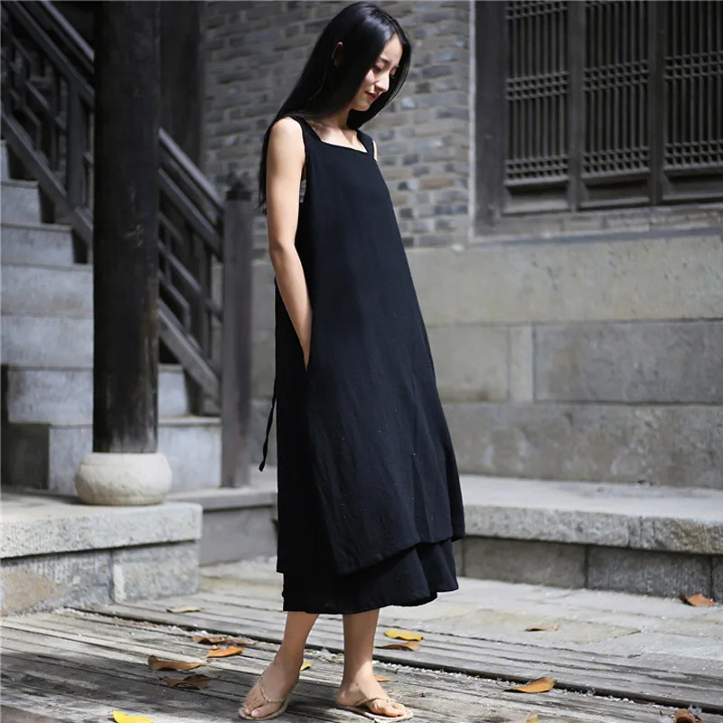 

SCUWLINEN Women Dress 2019 Summer Dress Casual Sleeveless Double Layer Drawstring Linen Cotton Dress A-line Beach Dresses W48