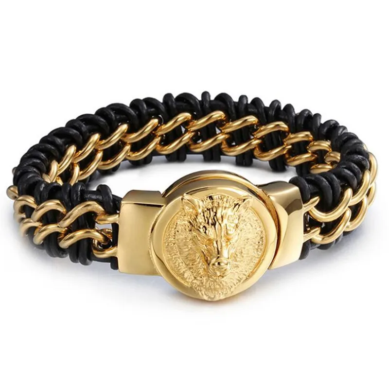 

Fashionable Stainless Steel Bracelet Men's Jewelry Genuine Leather Woven Rope Chain Charm Wolf Head Bracelet Retro Gift 2018