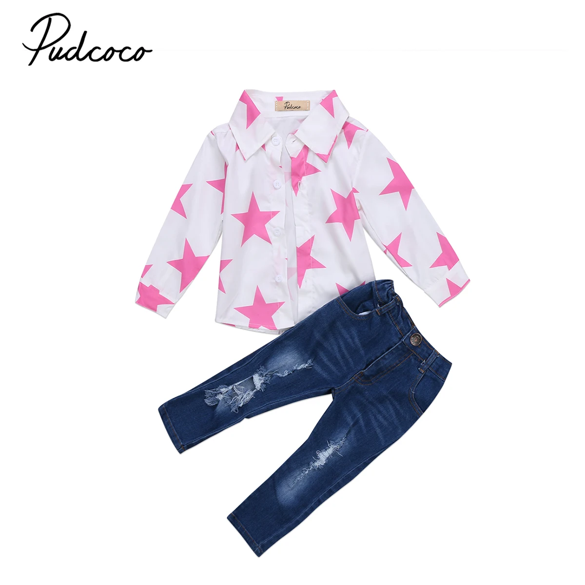 2PCS Toddler Kids Girl Stars Long Sleeve shirt Ripped Jeans Long Pants