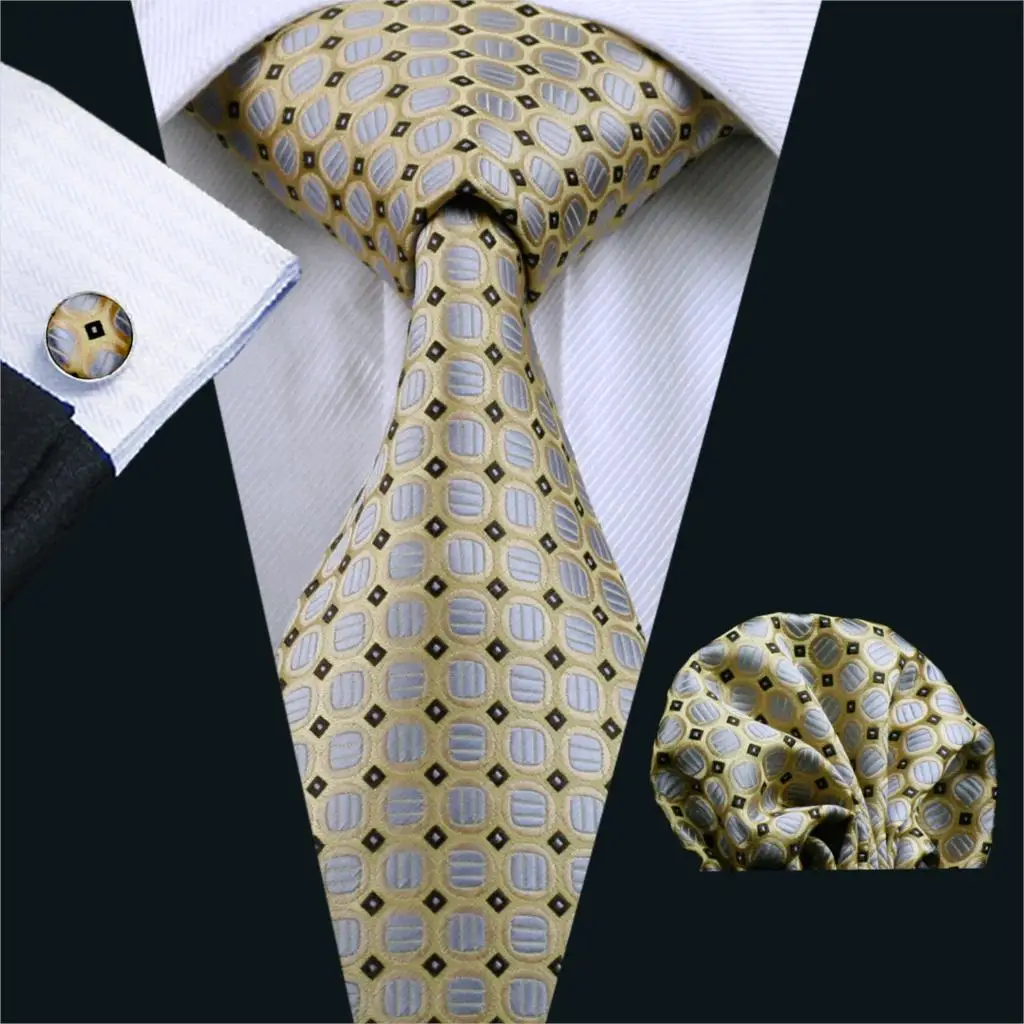 FA 590 Gents Necktie Yellow Dot 100 Silk Jacquard Tie Hanky Cufflinks