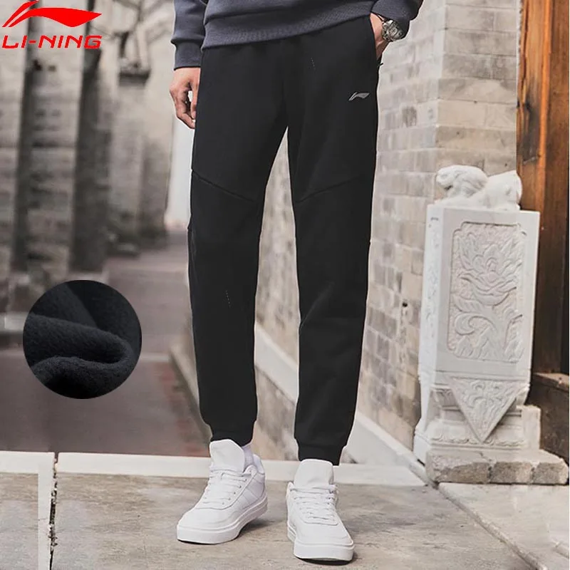 Li-Ning мужские тренировочные спортивные штаны, флисовые теплые хлопковые брюки с карманами, подкладка для упражнений, спортивные штаны AKLN859 COND18