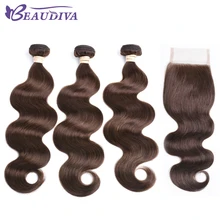 BEAUDIVA Pre-Colored Human Hair Weave with 4*4 Closure Three Bundles with Closure #4 Medium Brown Brazilian Body Wave Human Hair