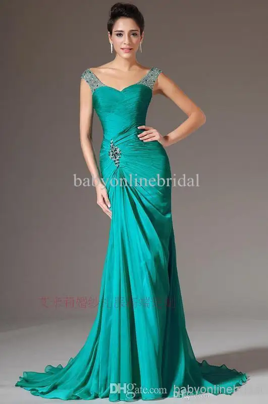 

free shipping robe de soiree 2014 new fashion beading green long vestido de festa dress party gown evening elegant dresses
