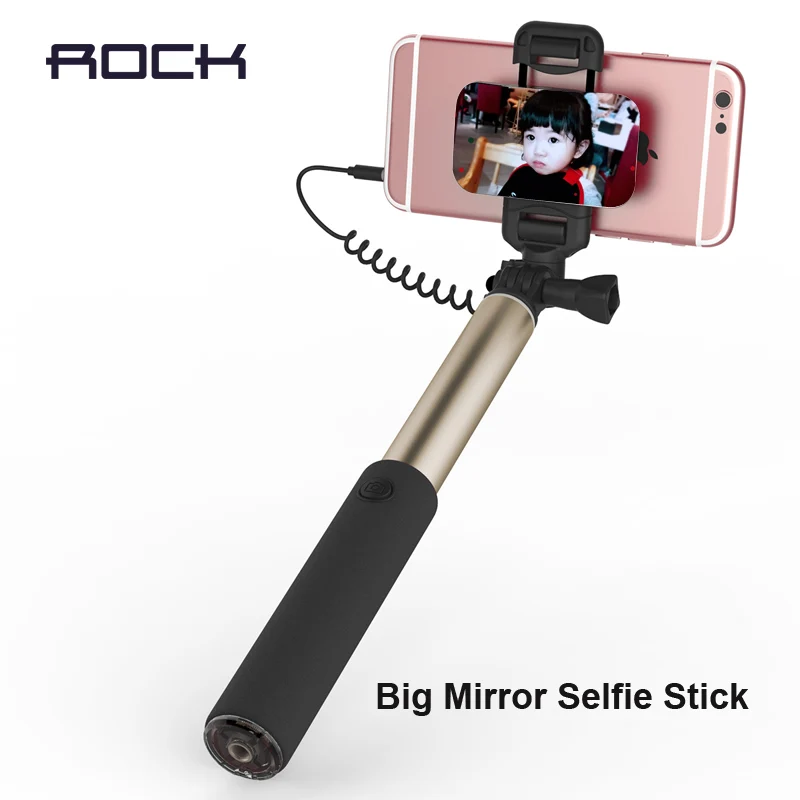 

ROCK Luxury Big Mirror Selfie Stick Wire Control Monopod For Universal Phone Extendable For iPhone 5s 6 6S Plus For Galaxy S7 S8
