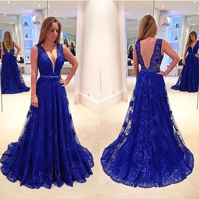 

N615 New Arrival Sexy Deep V Neck Lace A-Line Prom Dress 2019 Backless Evening Dress Long Vestido De Festa