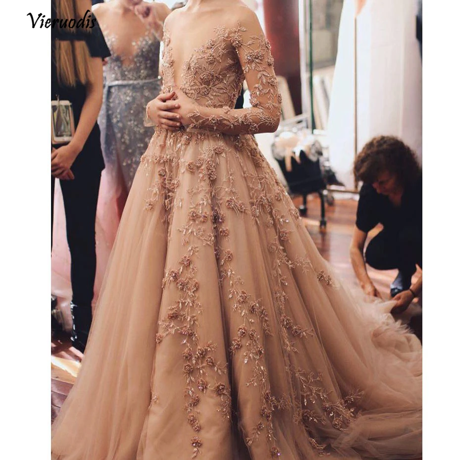 

Modest Champagne Floral Lace Evening Dresses Full Sleeves Deep V-neck Formal Party Dress To Prom Shiny Rhinestone Gowns 1