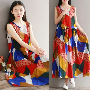 

Loose Artistic Cotton Linen Dress Women Summer Print Fresh Waist Sleeveless Round Neck Leisure Fashion Girl DRess Vestido Robe