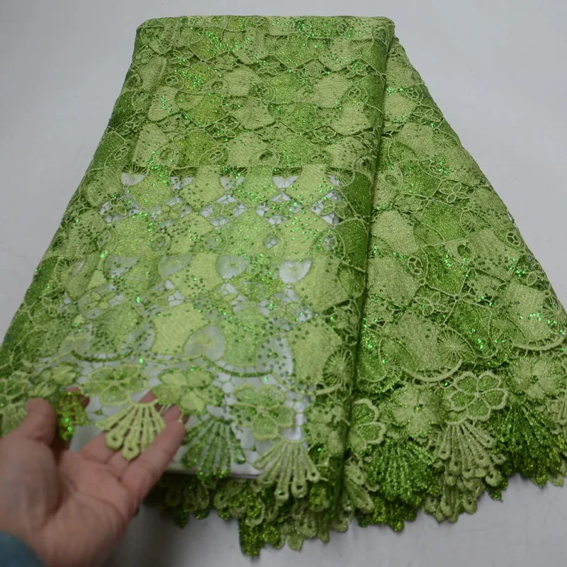 

Free shipping (5yards/pc) lemon green African sequins lace fabric newest guipure lace fabric for party dress WLP973