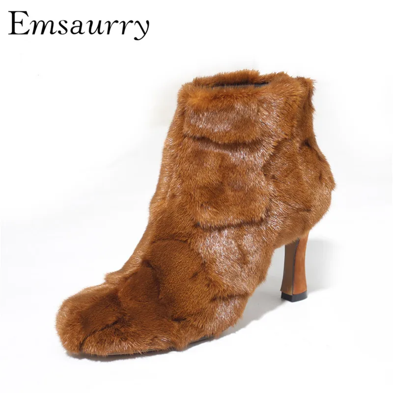 

2018 Autumn Winter New Arrival Heels Women Luxury Fur Short Booties Mixed Patchwork Martin Boots Women