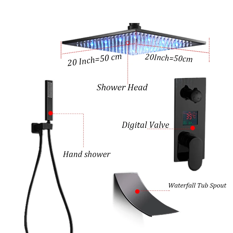 ULGKSD ванная комната черный смеситель для душа светодиодный цифровой 16/20 дюймов смеситель холодной и горячей воды кран W/Водопад ванна смесители Para Ванна Ducha - Цвет: 20 inch wall mount