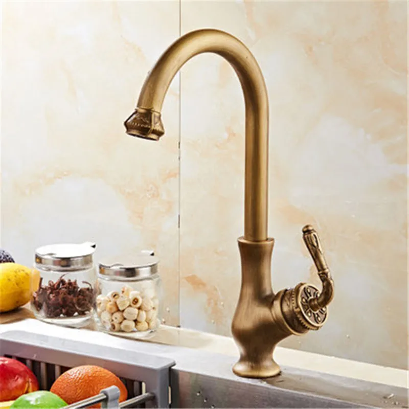 Kitchen faucet, all copper antique carved kitchen faucet, hot and cold wash vegetable basin faucet, single hole rotate faucet Kitchen faucet, all copper antique carved kitchen faucet, hot and cold wash vegetable basin faucet, single hole rotate faucet