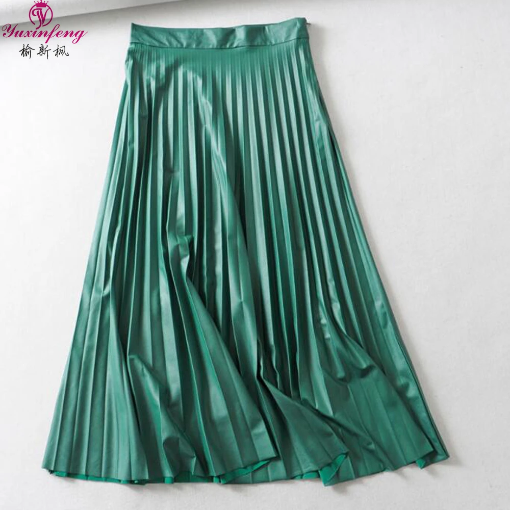 Yuxinfeng Зеленая кожаная юбка Женская весенне-осенняя Повседневная длинная Плиссированная кожаная юбка Женская высокая талия Длинные юбки из искусственной кожи