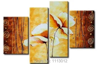 

Modern Yellow Tulips Line Flower Painting Abstract Art 4 Piece Artwork Hand Painted Oil Picture Home Living Room Entrance Decor