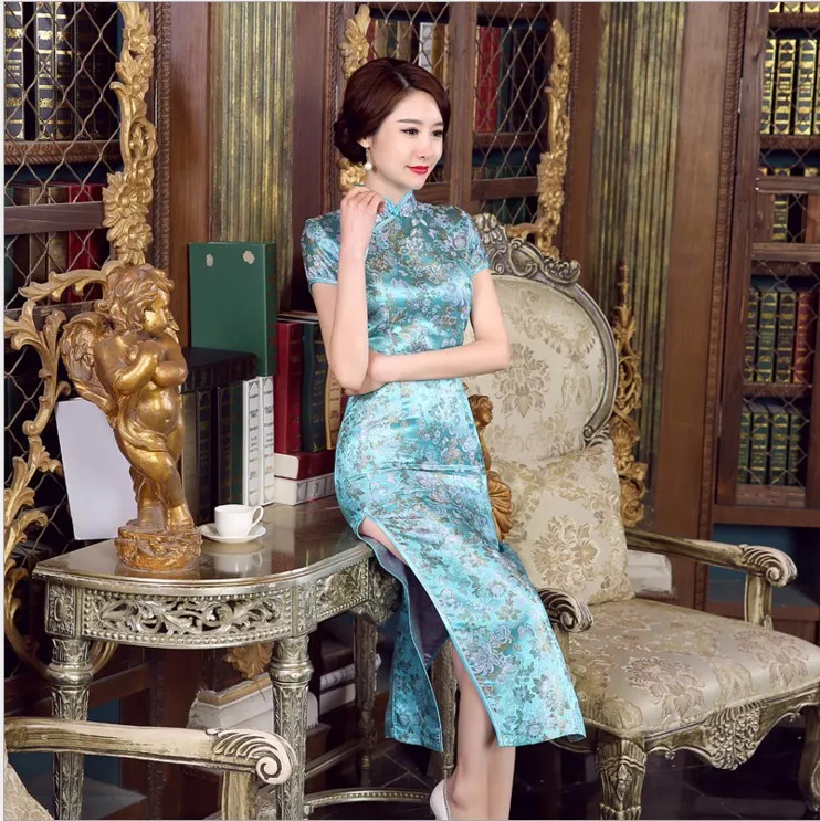Лидер продаж, синее торжественное платье в китайском стиле, женское шелковое атласное длинное платье Ципао, винтажное элегантное Цветочное платье Ципао, Размеры S M L XL XXL XXXL NC047