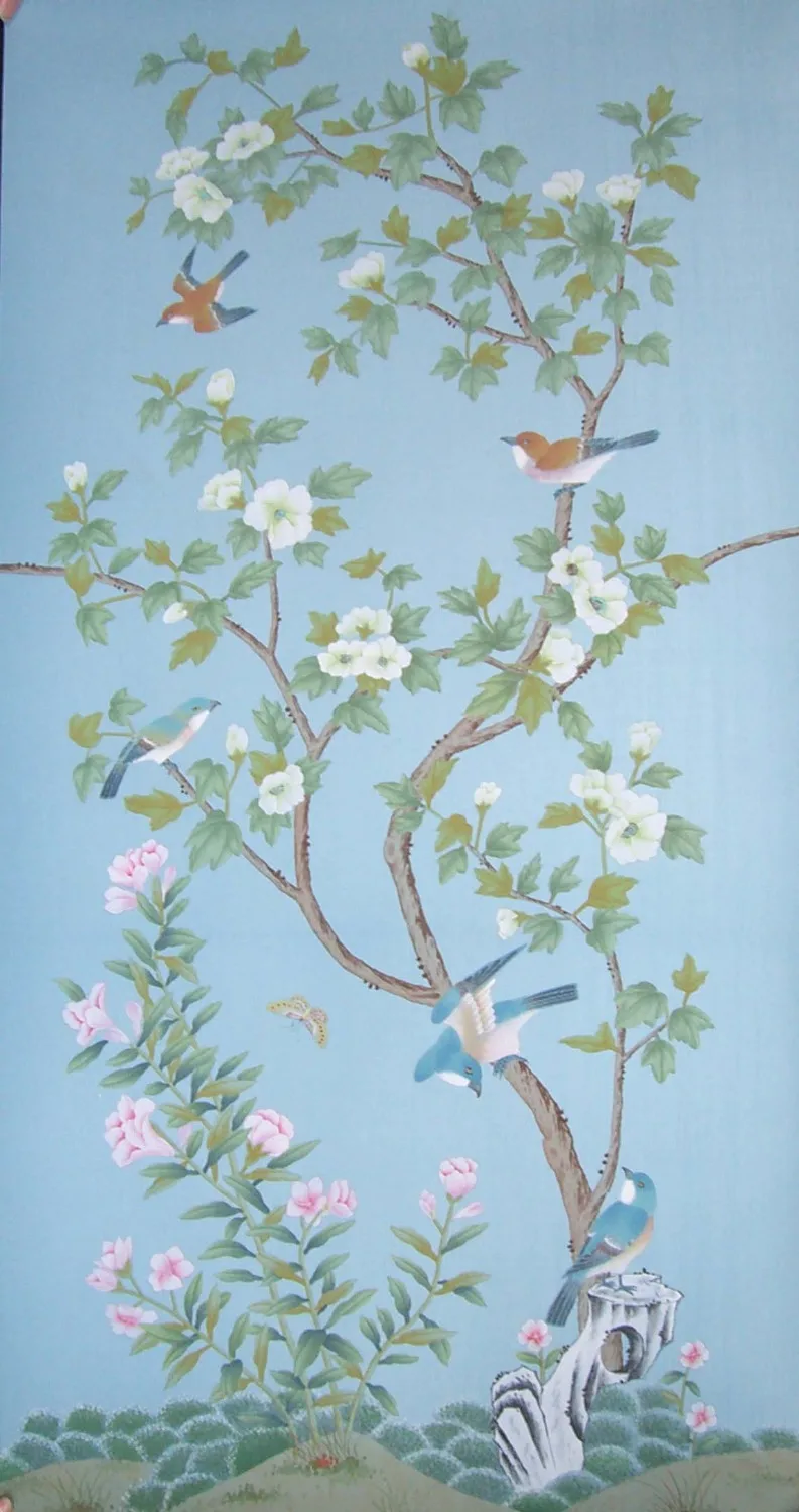 

Classic elegant Hand-painted silk wallpaper Customized painting flowers with birds and fence many patterns / background optional