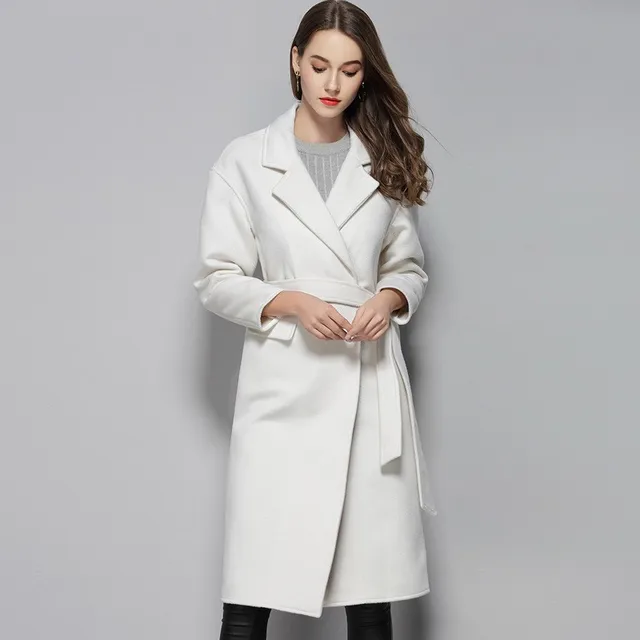 Elegant White Long Wool Coat Women Loose Fit Turn Down Collar Belt