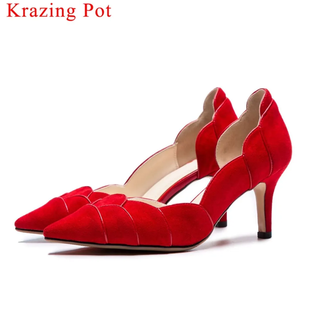 

Krazing Pot red flock bride wedding shoes stiletto high heels pointed toe slip on shallow pumps dance nightclub elegant shoe L20