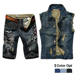 Мужской джинсовый жилет, куртка, комплект Ретро, рваные, рваные, скинни, дырявый Топ, джинсовые шорты, брюки 1/2, летняя пляжная одежда, волк