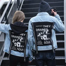 Осенняя Модная Джинсовая куртка для женщин, джинсовая куртка, пальто с длинным рукавом, повседневные женские или мужские свободные куртки с принтом граффити и капюшоном