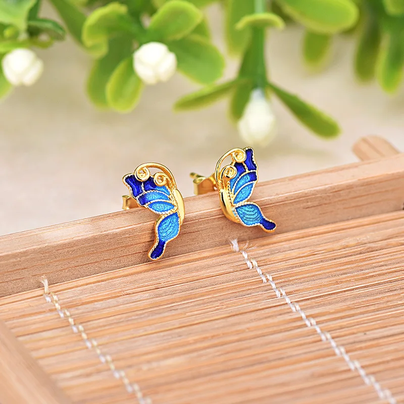 Gold Silver Plating Blue Color Simple  Butterfly Stud Earrings Chinese Cloisonne Enamel Charm Jewelry Fashion Animal Earrings (3)