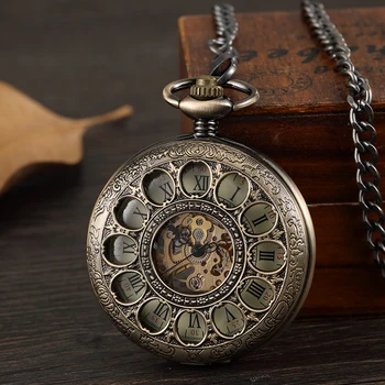 

Vintage Hollow Bronze Mechanical Pocket Watch Men Skeleton Carving Steampunk Fob Hand Watch With Chain Necklace Women Men Gift