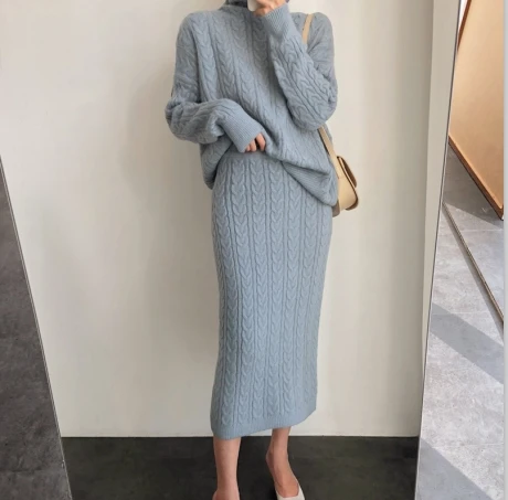 knit skirt piece set knitted suit clothing sweatshirts turtleneck autumn casual winter female