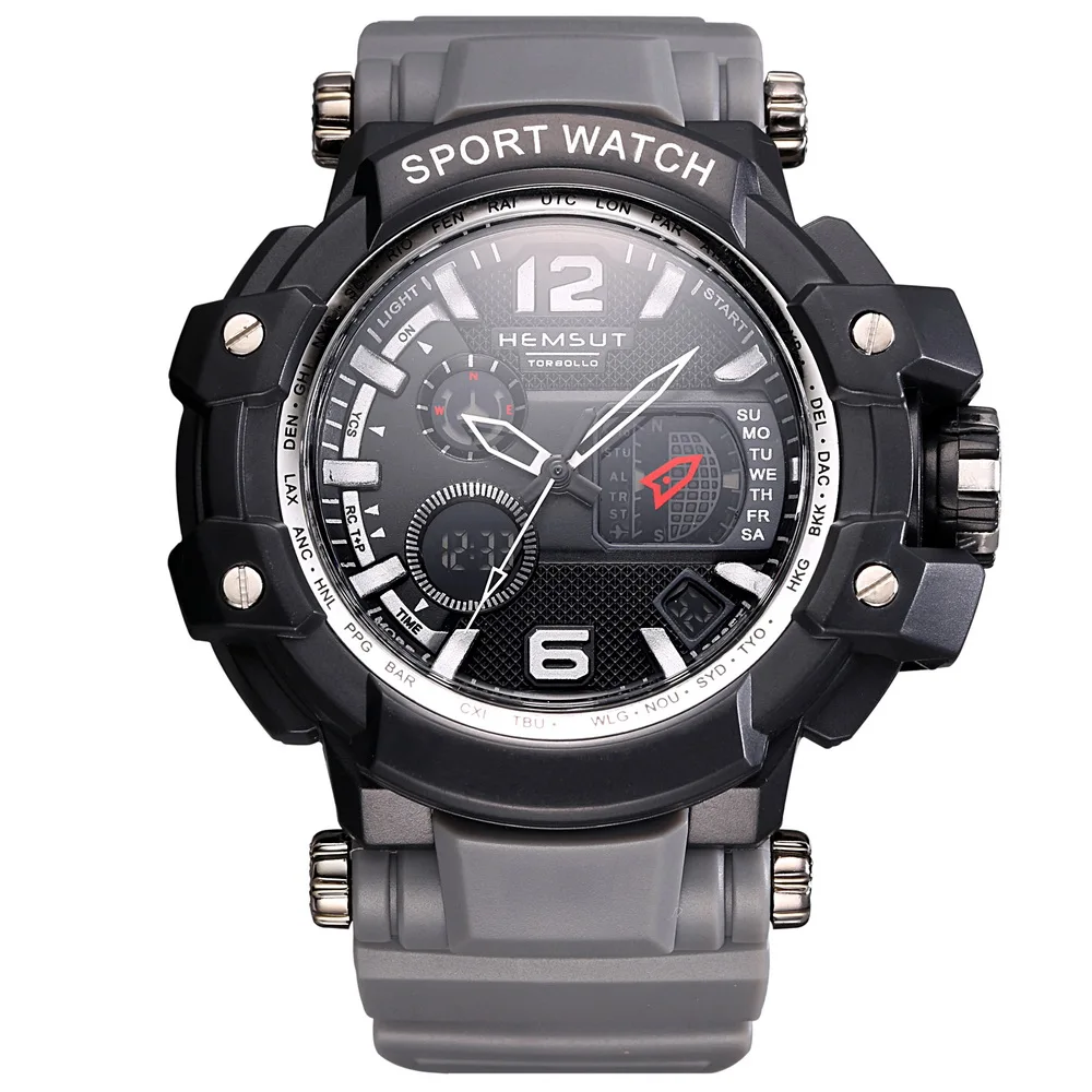 

New Grey Rubber Wristband Digital Sport Men Watch Waterproof LED Backlight Display Clock Men Original Box