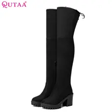 QUTAA/ г. Модные женские ботфорты сапоги из замши и искусственной кожи с круглым носком однотонные женские мотоциклетные сапоги из синтетического материала на молнии размеры 34-43