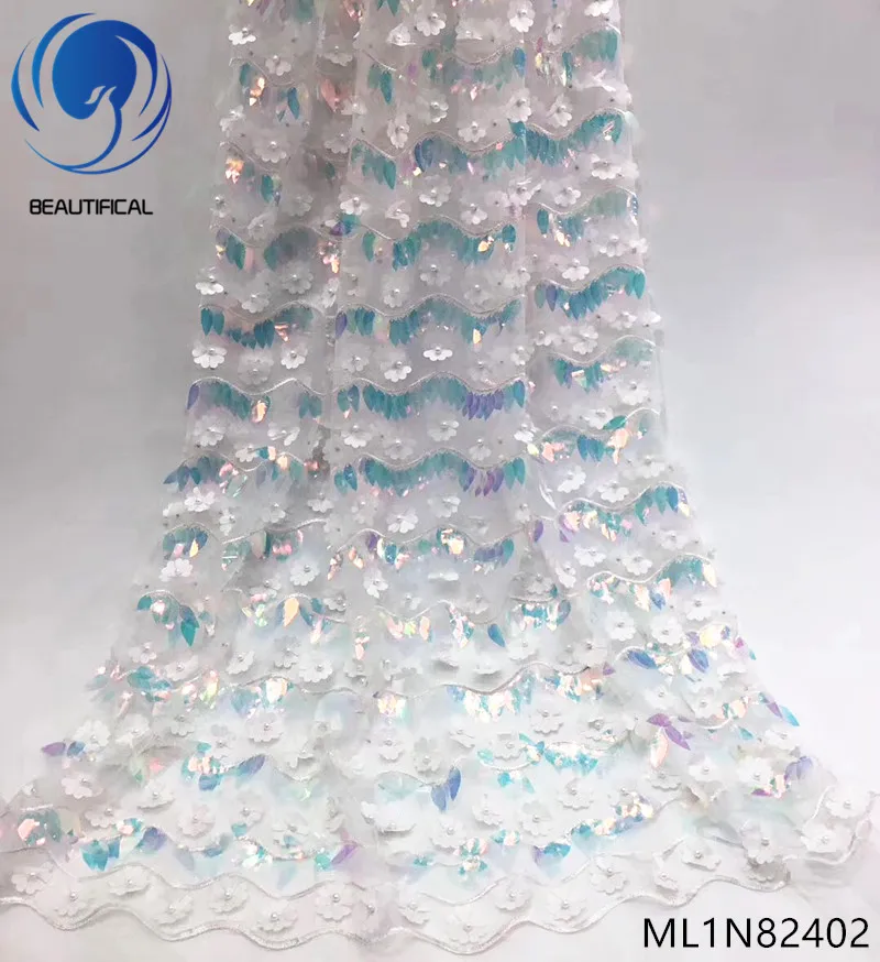 

BEAUTIFICAL african lace fabrics Hot sale 3d flowers beads net lace nigerian fabric 3d leaf lace fabrics for wedding ML1N824