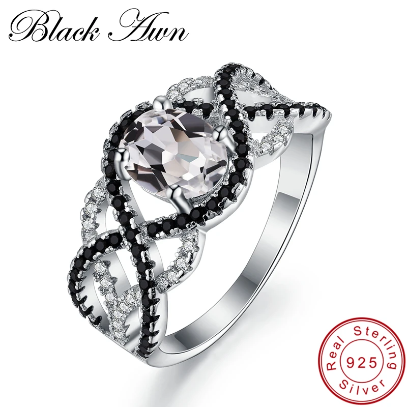 

[BLACK AWN] Wedding Rings for Women 4.0g Solid 925 Sterling Silver Jewelry Black Spinel Bague C125