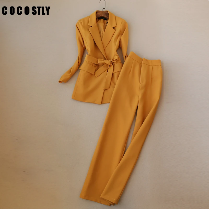 

Fashion Lace Up Women Pant Suit Slim Waist Blazer & High Waist Pant OL Style Female 2 Pieces Set Women Suits