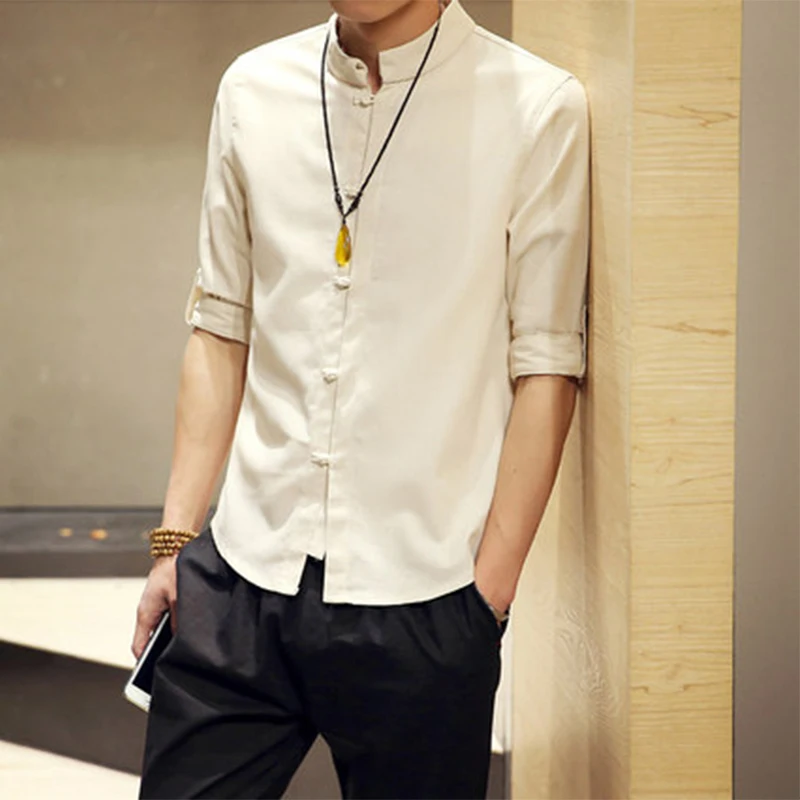 

Men's Shirts Newest Cotton and Hemp Men's Leisure Pure Color Short Sleeve Shirts / Three Quarter Shirts Mens Chinese Style Retro