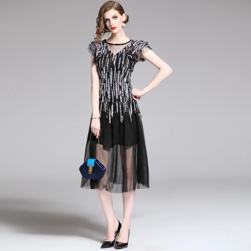 Элегантное женское летнее платье с блестками и листьями лотоса vestidos mujer Verano Midi одежда для подиумов и вечеринок Beyaz Elbise K8516