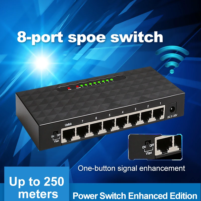 

250M Network SPOE Switch Ethernet With 8 10/100Mbps Ports 6 PoE Splitter Suitable for IP Camera/Wireless AP/CCTV Camera System