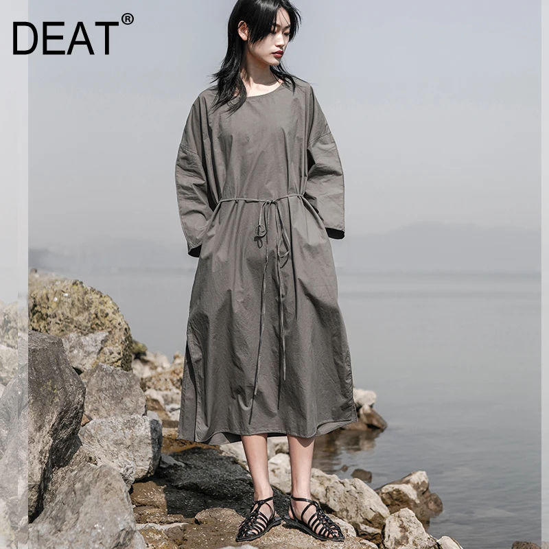 

[DEAT] 2019 New Spring Summer Round Neck Long Sleeve Gray Waist Bandage Brief Loose Temperament Dress Women Fashion Tide JT00