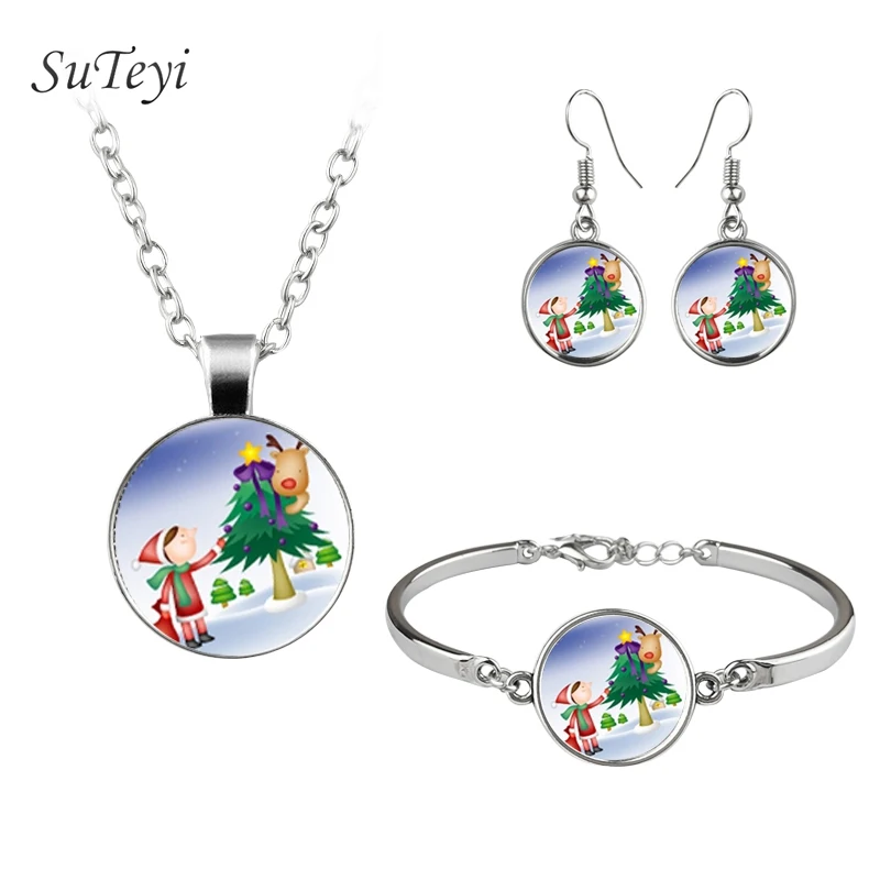 SUTEYI, Новое поступление, милый Новогодний комплект украшений с Санта Клаусом и оленем, ожерелье со стеклянным куполом, браслет, серьги для девочек, подарки