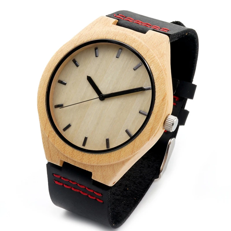 BOBO BIRD Round Vintage Men's Watches Bamboo Maple Top Luxury Brand Genuine Leather Wristwatches Dress Watches For Men