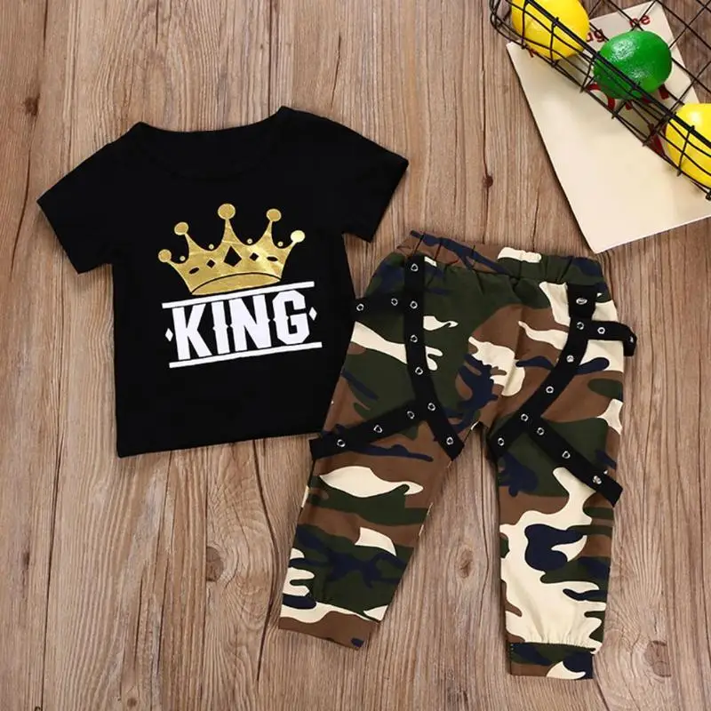 

New 2pcs/Set kids baby clothing set Cotton Crown Print Short Sleeve Boys Basic T-shirt Elastic Pants Fashion clothes sets 2019