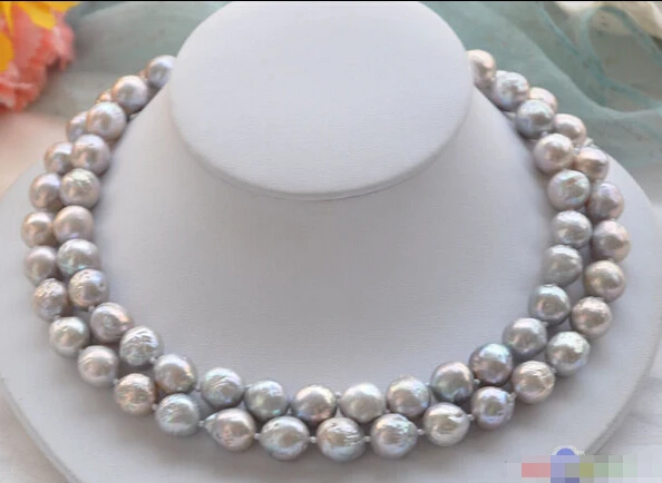 

HOT## Wholesale FREE SHIPPING >>> P4286 2row 12mm gray almost round Edison PEARL NECKLACE mabe clasp