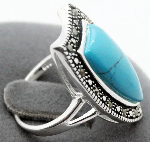 

wholesale good wholesale Real 26X14MM Blue stone Marcasite 925 STERLING SILVER RING Size US 7 8 9 10 for women jewelry