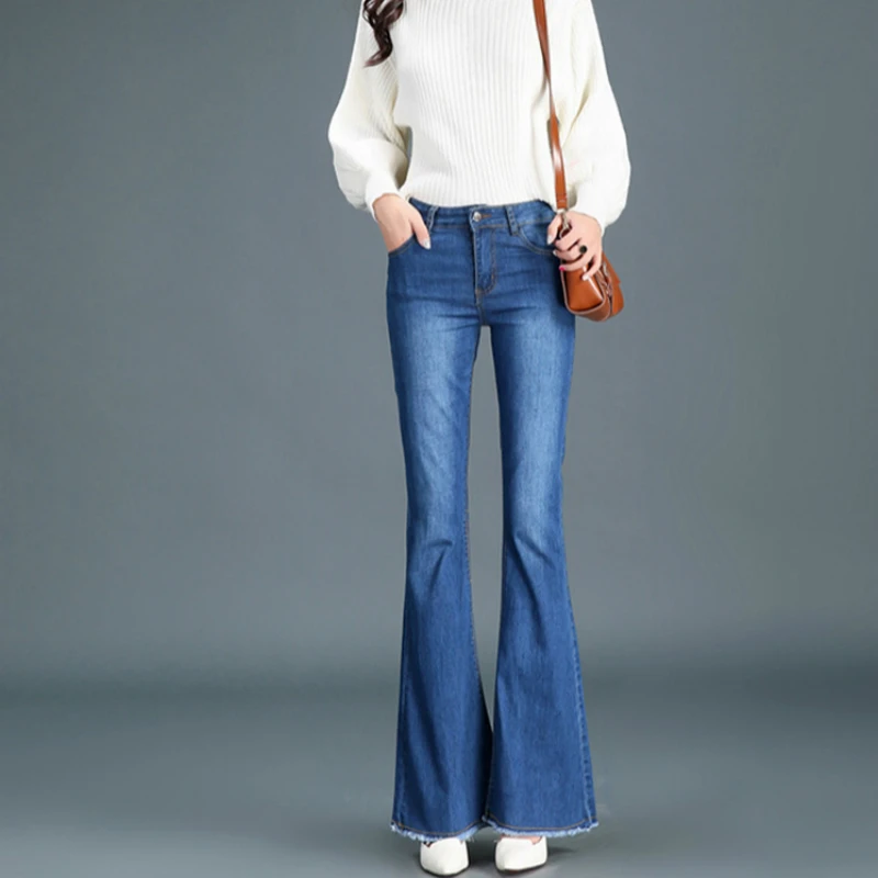 

2020 new spring and autumn office lady cotton plus size brand women female ladies girls flare pants jeans clothes