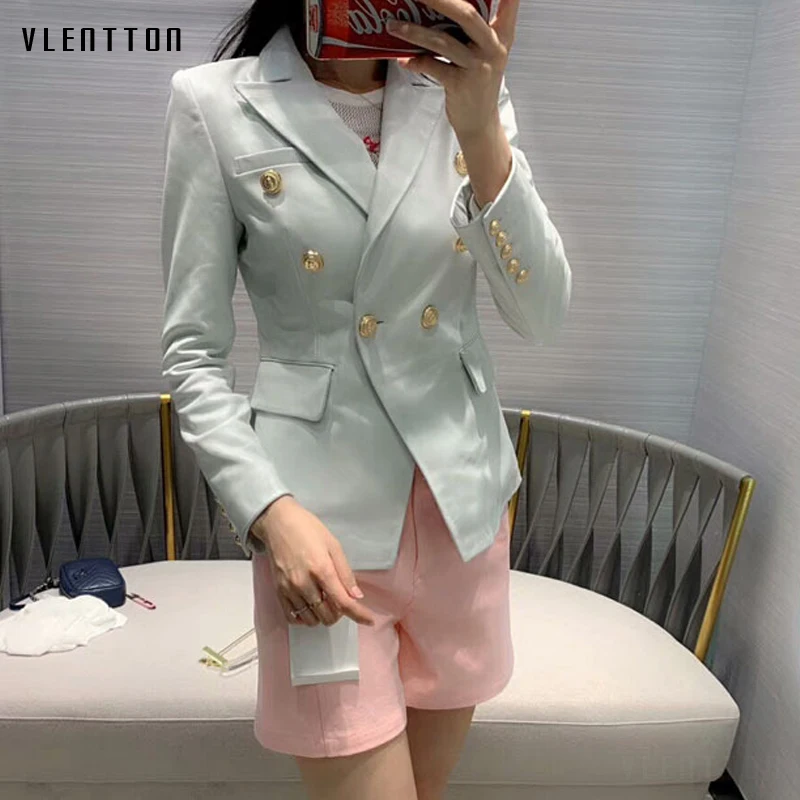 

High Quality White PU Leather Jacket Blazer Women Solid Double Breasted Slim Office Lady Faux Leather Blazers Mujer Coat Female