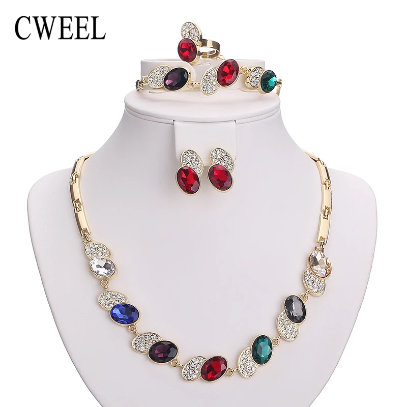 

Necklace Set For Women African Beads Imitated Crystal Jewelry Sets Gold Color Pendant Earrings Bracelets Wedding Accessories