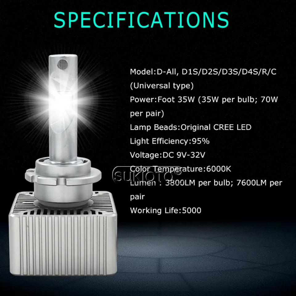 SUKIOTO NO Error LED Headlight D2S led 6000K D3S D1S LED Canbus Bulb D4S D5S All in One 70W 7600LM Car Conversion Headlamp Kit  (9)